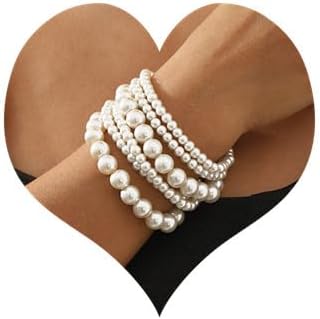 Sither 6 Pack Pearls Bracelets for Women Pearls Bracelets Set Boho Jewelry for Halloween Prom Party Christmas Gift