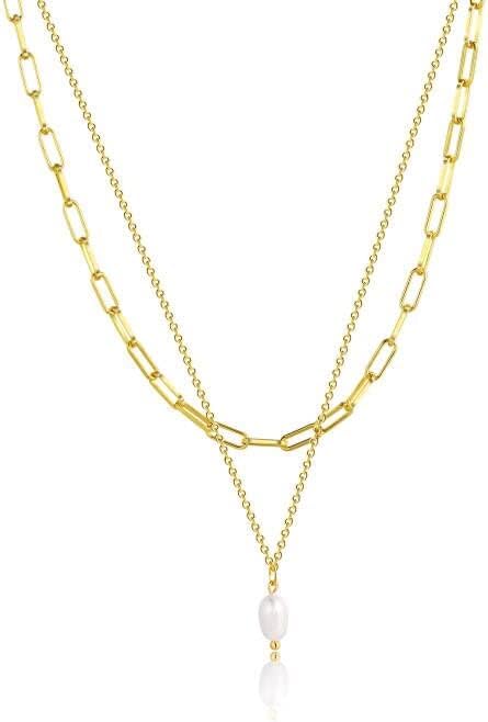 Dainty Pearl Pendant Necklaces for Women 14K Gold Plated Handmade Layered Pearl Chain Necklace Delicate Layered Pearl Necklace Everyday Jewelry Gift