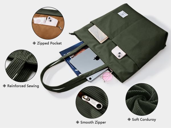 KALIDI Women Corduroy Tote Bag Zipper Casual Tote's Handbag Big Capacity Shoulder Bag with Pockets