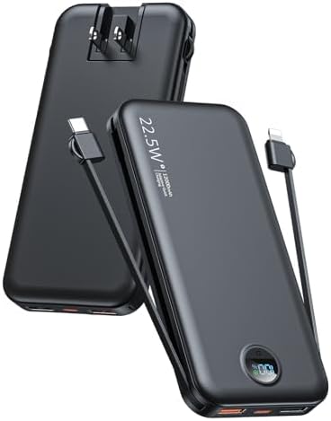 Portable Charger Power Bank, 12000mAh 22.5W USB C Fast Charging with Built-in Cables and Wall Plug, Travel Essential Battery Pack with LED Display for iPhone, iPad, Samsung Pink