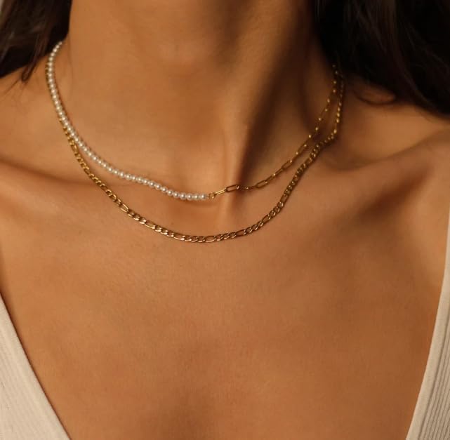 Dainty Pearl Pendant Necklaces for Women 14K Gold Plated Handmade Layered Pearl Chain Necklace Delicate Layered Pearl Necklace Everyday Jewelry Gift