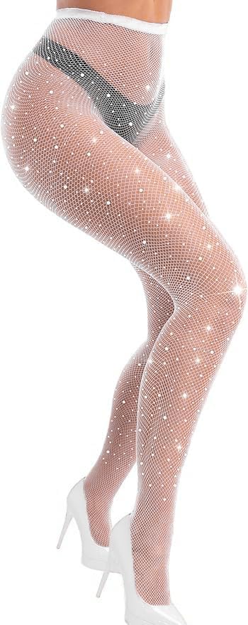 VEBZIN Sexy Sparkly Fishnets Stockings Jeweled High Waist Fishnet Tights for Women Rhinestone Party Pantyhose