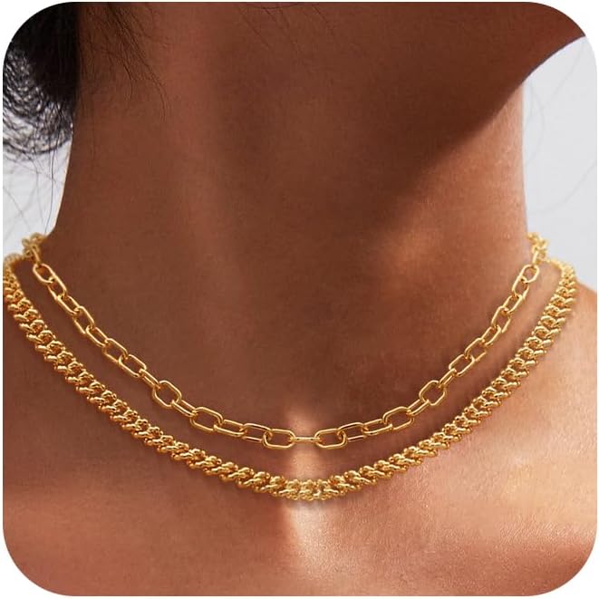 Moodear Gold Necklace for Women Dainty Chunky 14K Gold Plated/Sliver Plated Chain Necklace Cuban Link Paperclip Chain Choker Toggle Clasp Layered Necklace for Women Trendy Fashion Gift