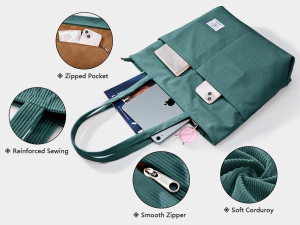 KALIDI Women Corduroy Tote Bag Zipper Casual Tote's Handbag Big Capacity Shoulder Bag with Pockets