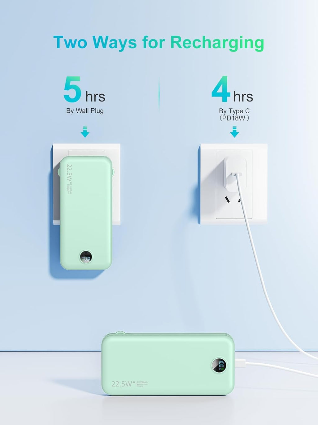 Portable Charger Power Bank, 12000mAh 22.5W USB C Fast Charging with Built-in Cables and Wall Plug, Travel Essential Battery Pack with LED Display for iPhone, iPad, Samsung Pink