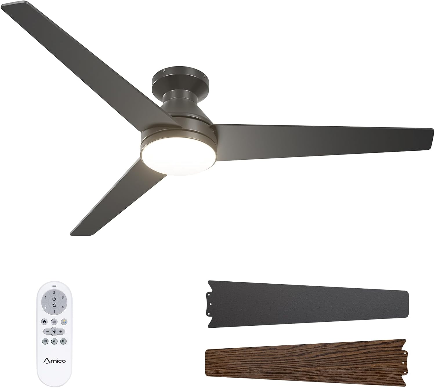 Amico Ceiling Fans with Lights, 42 inch Low Profile Ceiling Fan with Light and Remote Control, Flush Mount, Reversible, 3CCT, Dimmable, Noiseless, Black Ceiling Fan for Bedroom, Indoor/Outdoor Use