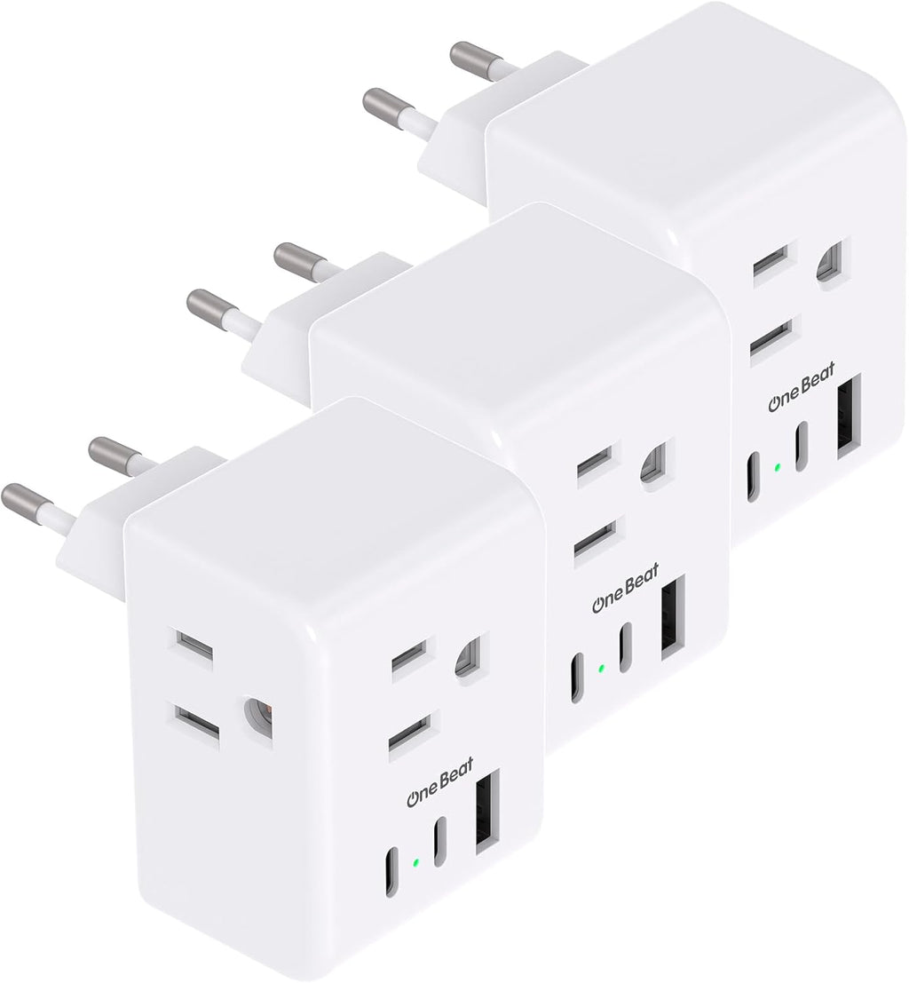 2 Pack European Travel Plug Adapter, International Power Plug Adapter with 3 Outlets 3 USB Charging Ports(1 USB C), Type C Plug Adapter Travel Essentials to Most Europe EU Spain Italy France Germany