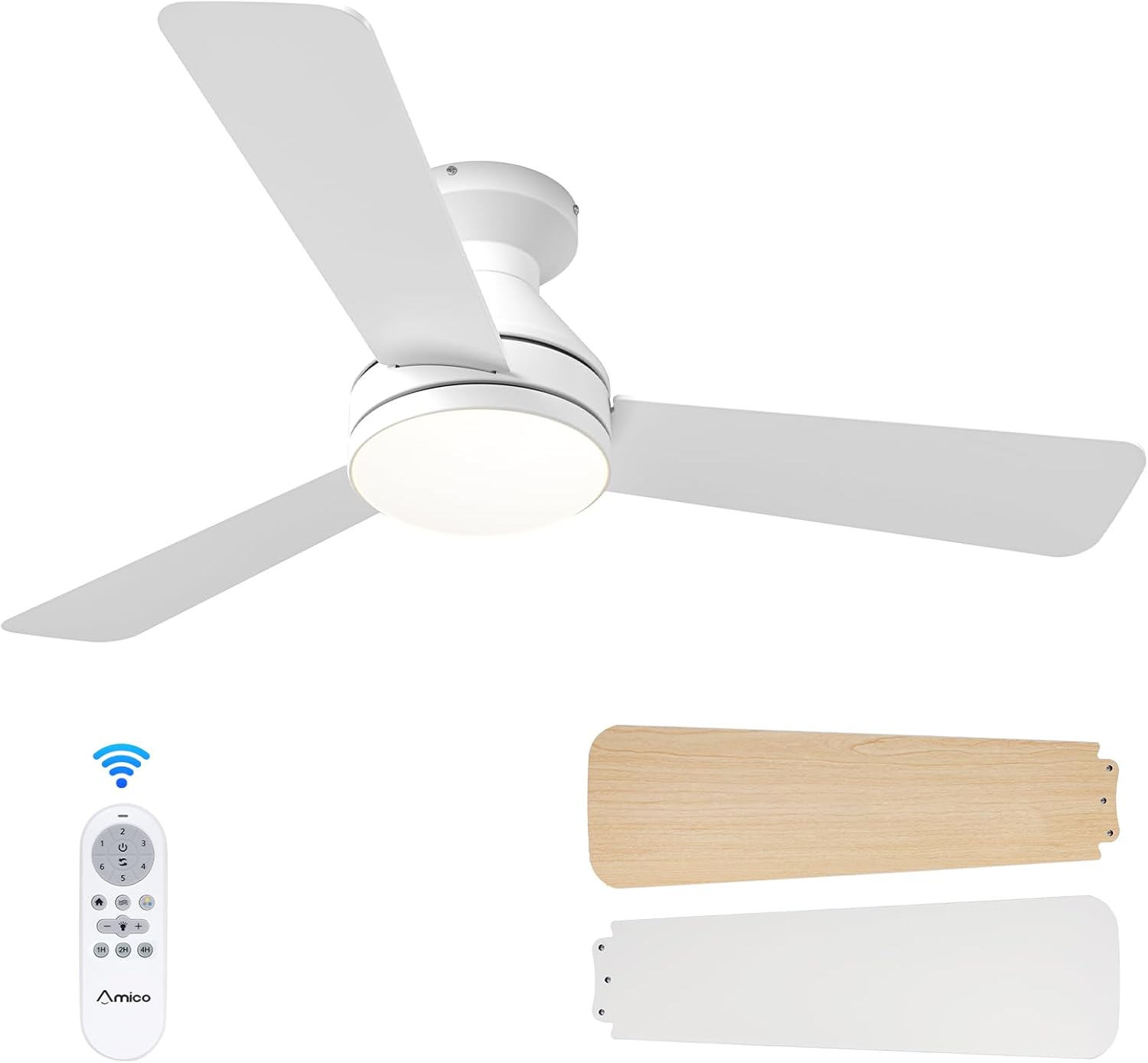 Amico Ceiling Fans with Lights, 42 inch Low Profile Ceiling Fan with Light and Remote Control, Flush Mount, Reversible, 3CCT, Dimmable, Noiseless, Black Ceiling Fan for Bedroom, Indoor/Outdoor Use