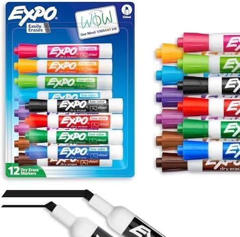 EXPO Dry Erase Markers, Low Odor Ink, Assorted Colors, Chisel Tip, 12 Count - Easily Erases, Vibrant Ink, Ideal for Classroom, Back to School Supplies, Teachers, Office, Whiteboard & Home