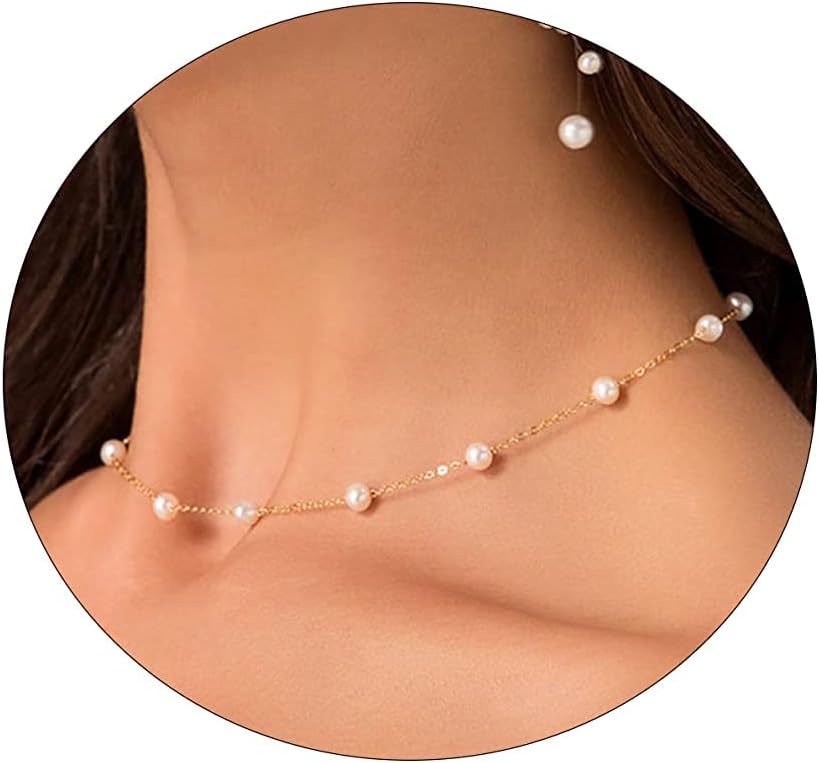 Dainty Pearl Pendant Necklaces for Women 14K Gold Plated Handmade Layered Pearl Chain Necklace Delicate Layered Pearl Necklace Everyday Jewelry Gift