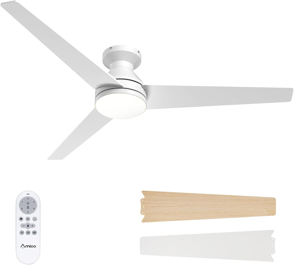 Amico Ceiling Fans with Lights, 42 inch Low Profile Ceiling Fan with Light and Remote Control, Flush Mount, Reversible, 3CCT, Dimmable, Noiseless, Black Ceiling Fan for Bedroom, Indoor/Outdoor Use