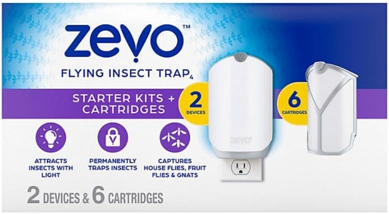 Zevo MAX Bug Catcher & Fly Trap for Indoors - Flying Insect Trap for Gnats, House & Fruit Flies - Use in Any Room - No-Mess Disposal (1 Plug in Base & 2 Cartridges)