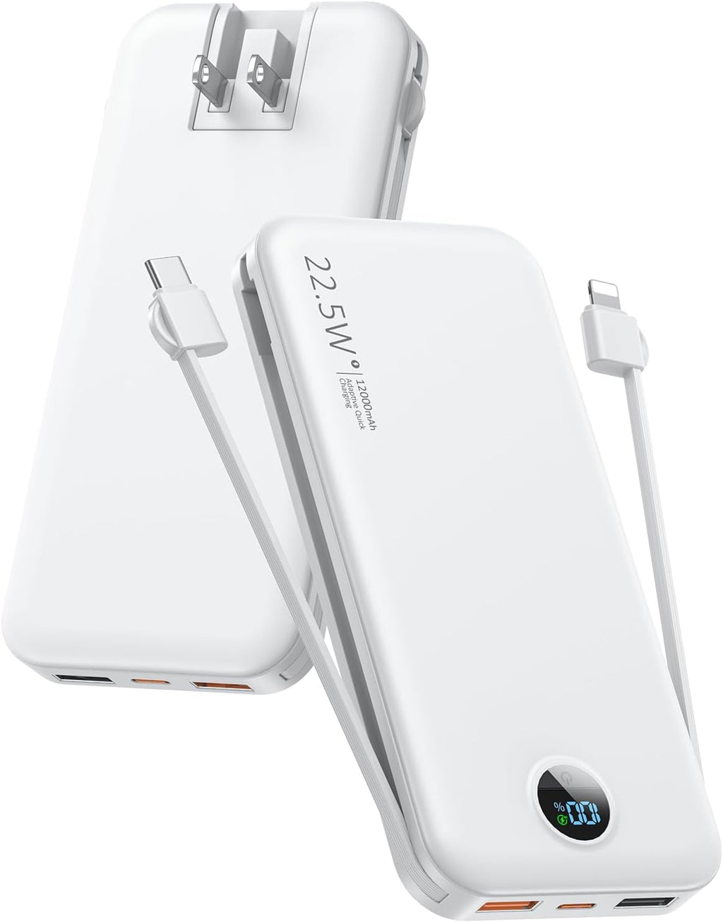 Portable Charger Power Bank, 12000mAh 22.5W USB C Fast Charging with Built-in Cables and Wall Plug, Travel Essential Battery Pack with LED Display for iPhone, iPad, Samsung Pink