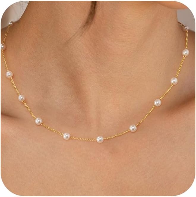 Dainty Pearl Pendant Necklaces for Women 14K Gold Plated Handmade Layered Pearl Chain Necklace Delicate Layered Pearl Necklace Everyday Jewelry Gift