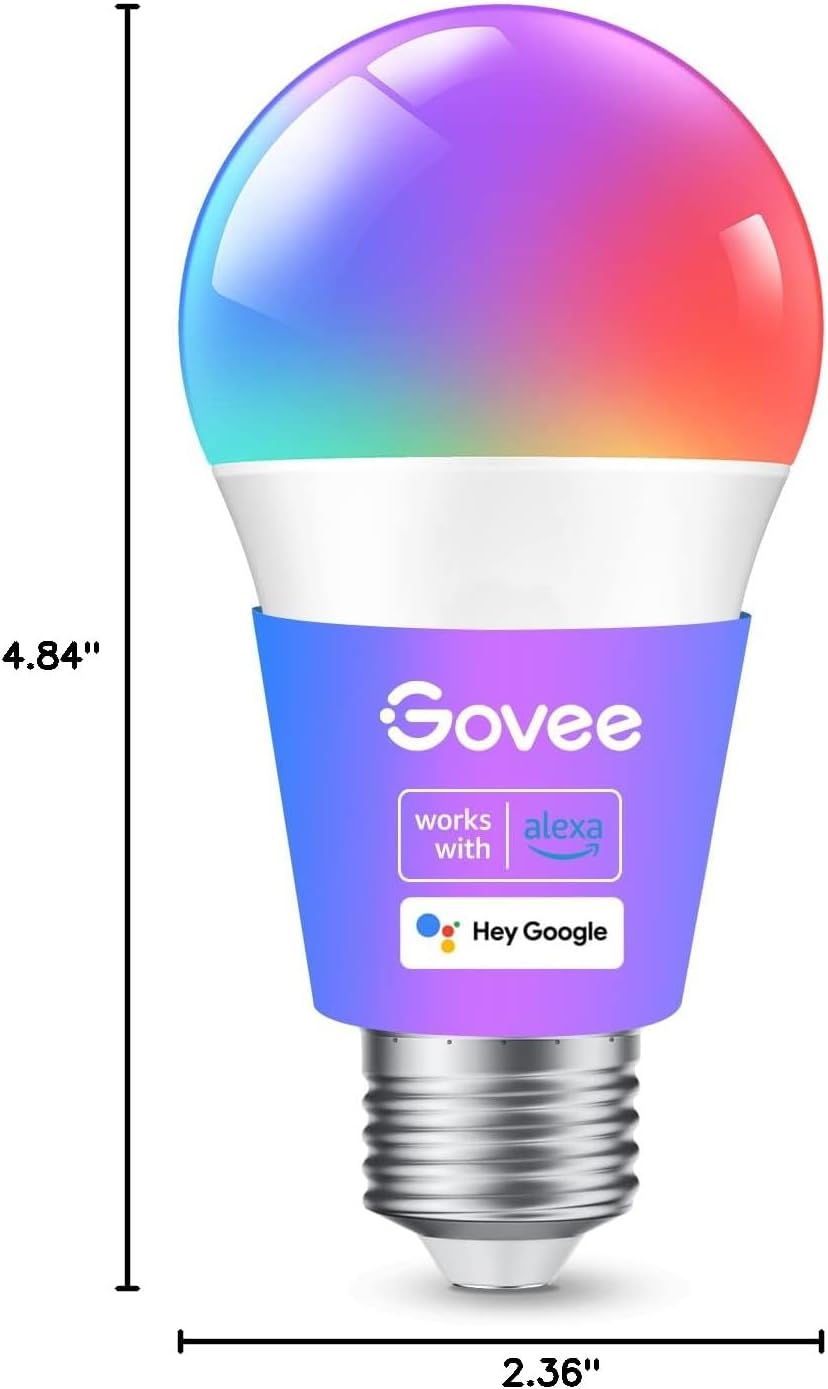 Govee Smart Light Bulbs, Color Changing Light Bulb, Work with Alexa and Google Assistant, 16 Million Colors RGBWW, WiFi & Bluetooth LED Light Bulbs, Music Sync, A19, 800 Lumens, 4 Pack