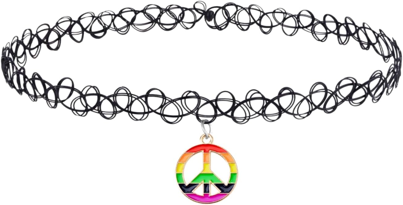 BodyJ4You 2PC Tattoo Choker Necklace - 90s Choker Necklace Women - 2000s Y2K Black Chokers Rainbow Choker - Butterfly Ying Yang Unicorn Rainbow Charms - Stretchy Elastic Necklace