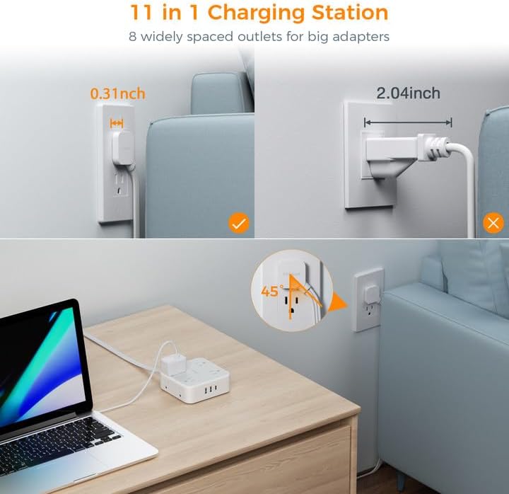 TESSAN Surge Protector Power Strip, 5 Ft Flat Plug Extension Cord with 3 USB (1 USB C) 8 Outlets, 900J Surge Protection, 3 Sided Outlet Extender with Power Switch for Office, Dorm Room Essentials