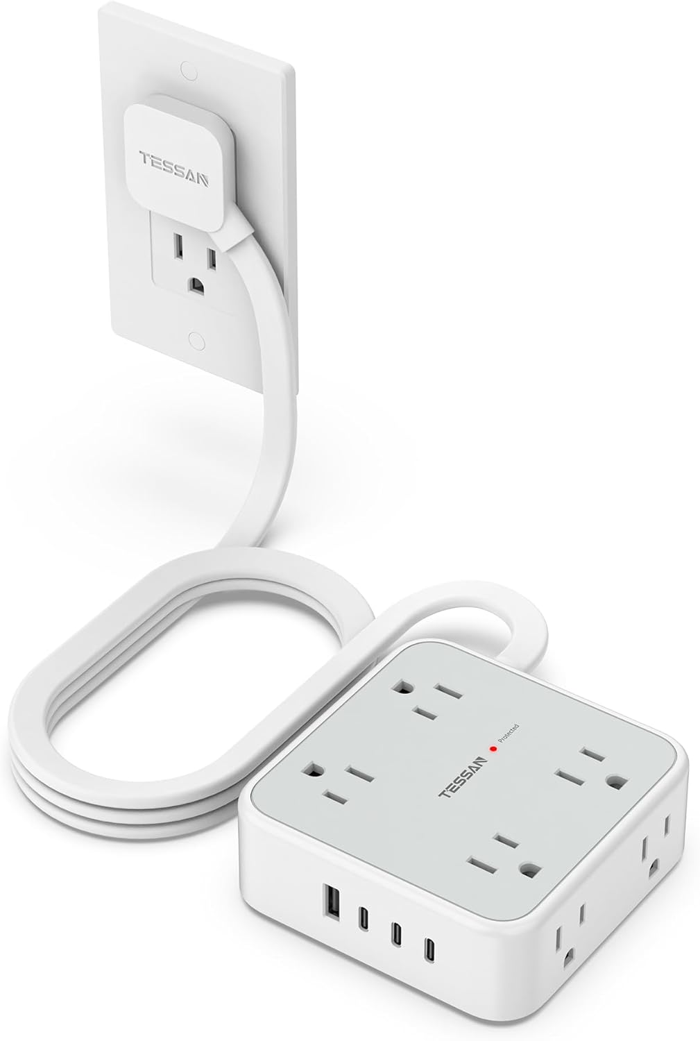 TESSAN Surge Protector Power Strip, 5 Ft Flat Plug Extension Cord with 3 USB (1 USB C) 8 Outlets, 900J Surge Protection, 3 Sided Outlet Extender with Power Switch for Office, Dorm Room Essentials