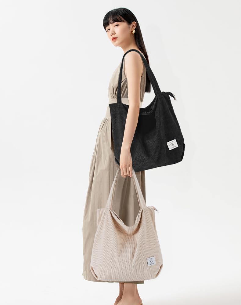 KALIDI Women Corduroy Tote Bag Zipper Casual Tote's Handbag Big Capacity Shoulder Bag with Pockets