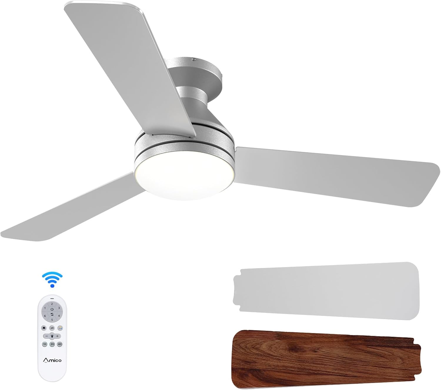 Amico Ceiling Fans with Lights, 42 inch Low Profile Ceiling Fan with Light and Remote Control, Flush Mount, Reversible, 3CCT, Dimmable, Noiseless, Black Ceiling Fan for Bedroom, Indoor/Outdoor Use