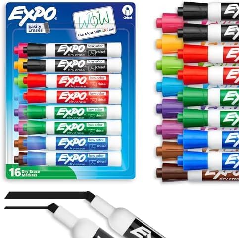 EXPO Dry Erase Markers, Low Odor Ink, Assorted Colors, Chisel Tip, 12 Count - Easily Erases, Vibrant Ink, Ideal for Classroom, Back to School Supplies, Teachers, Office, Whiteboard & Home