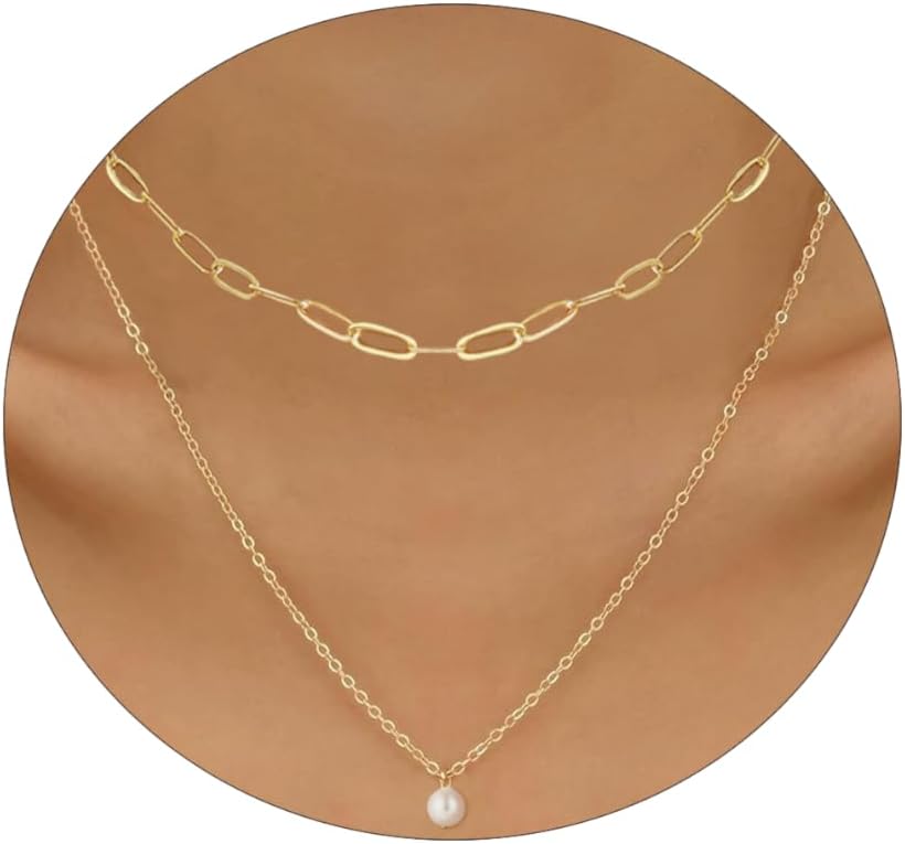 Dainty Pearl Pendant Necklaces for Women 14K Gold Plated Handmade Layered Pearl Chain Necklace Delicate Layered Pearl Necklace Everyday Jewelry Gift