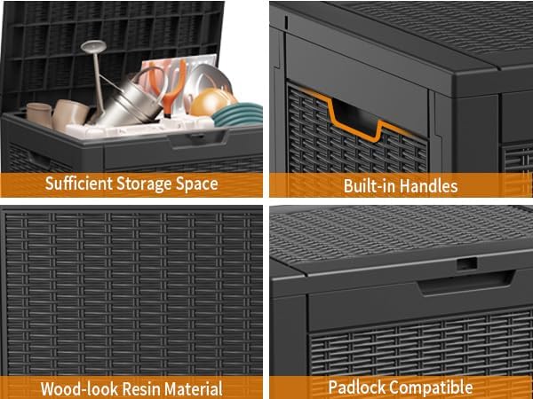 80 Gallon Resin Deck Box, Lockable Patio Outdoor Storage Box for Furniture, Garden Tools and Tools Storage, Waterproof Outside Storage Box - Black