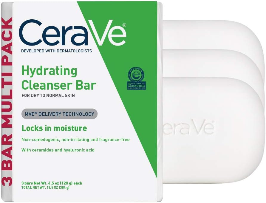 CeraVe Hydrating Cleanser Bar, Soap-Free Body and Facial Cleanser with 5% Moisturizing Cream, Fragrance-Free, 3-Pack, 4.5 Ounce Each