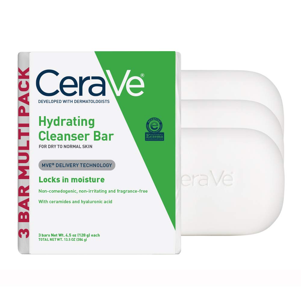 CeraVe Hydrating Cleanser Bar, Soap-Free Body and Facial Cleanser with 5% Moisturizing Cream, Fragrance-Free, 3-Pack, 4.5 Ounce Each