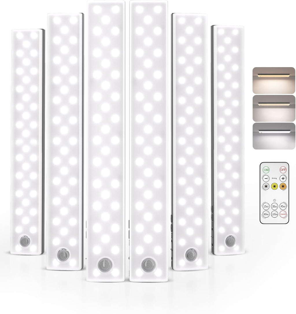 EZVALO 6-Pack Under Cabinet Lighting with Charging Station, 2000mAh Rechargeable Wireless Motion Sensor Lights, 3 Color Temps, Dimmable, Timer, Magnetic, with Remote Control for Kitchen, Closet, Stair