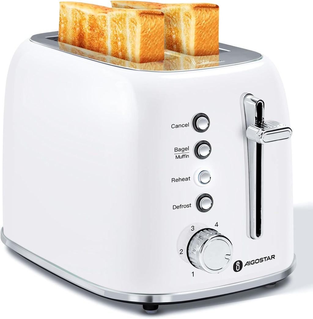 Aigostar Toaster 2 Slice, Retro Extra-Wide Slot Toasters Best Rated Prime for Toasting Bagels, Breads, Waffles & More, Cancel, Defrost & 6 Browning, Removable Crumb Tray, Stainless Steel, Cream White