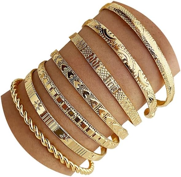 IFKM Gold Bangle Bracelets For Women, 14k Gold Plated Multi Layer Stackable Cuff Bracelet Set, Trendy Elegance Charms Non Tarnish Minimalist Textured Boho Jewelry Gift for Women