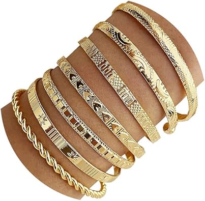 IFKM Gold Bangle Bracelets For Women, 14k Gold Plated Multi Layer Stackable Cuff Bracelet Set, Trendy Elegance Charms Non Tarnish Minimalist Textured Boho Jewelry Gift for Women