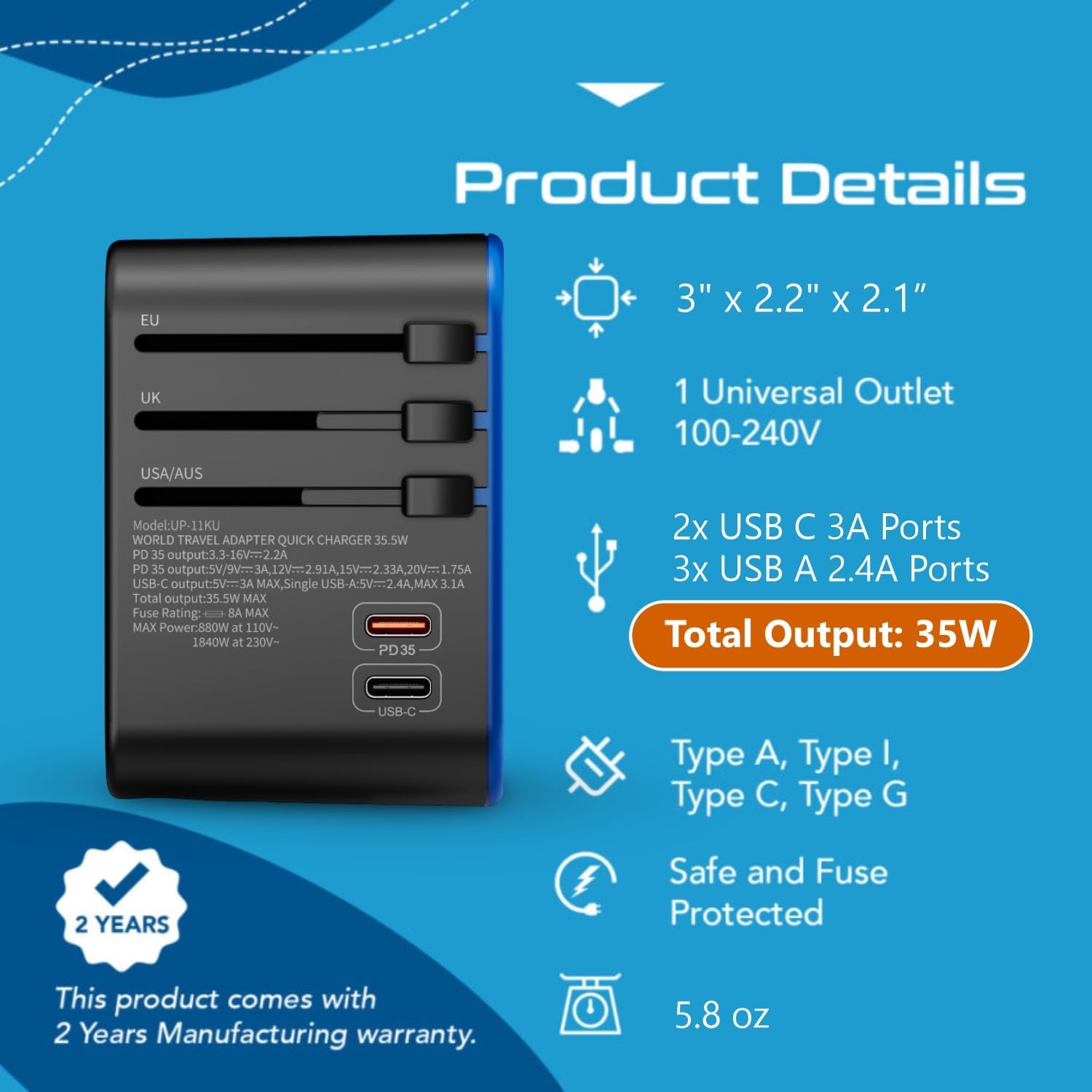 Ceptics Universal Travel Adapter, 35W International Power Adapter with PD & QC 3.0 Dual USB-C, 3 USB Travel Adapter Worldwide, Type I C G A Outlets 110V 220V A/C - EU Euro US UK (11-KU)