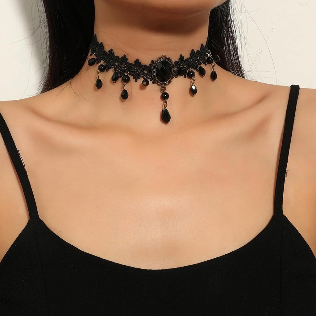 Fesciory Black Necklaces for Women, Adjustable Layered Velvet Leather Lace Collar Necklace, Goth Jewelry Gifts.