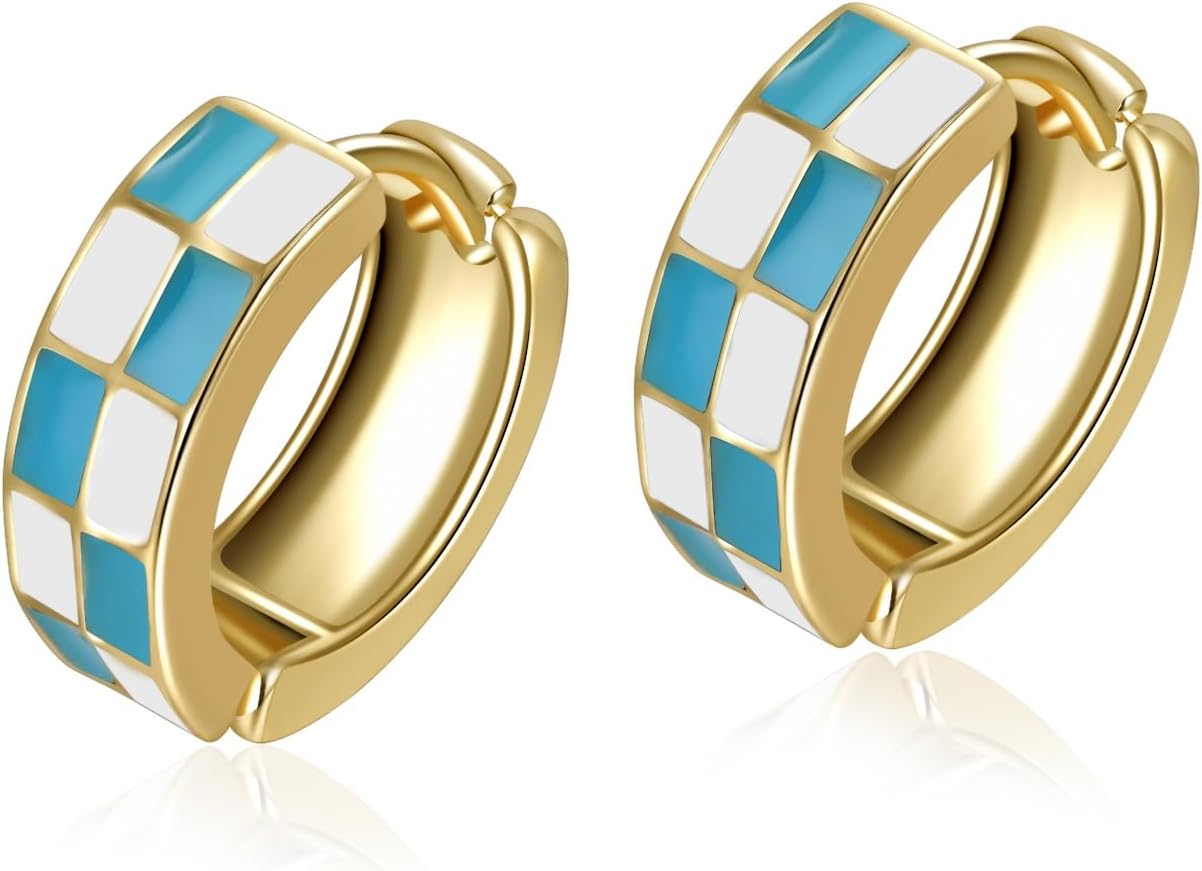 Chic Checker Small Hoop Cartilage Earrings Teacher Earrings for Women；White Black Enamel Hypoallergenic Hooped Gifts Gold and Silver tone