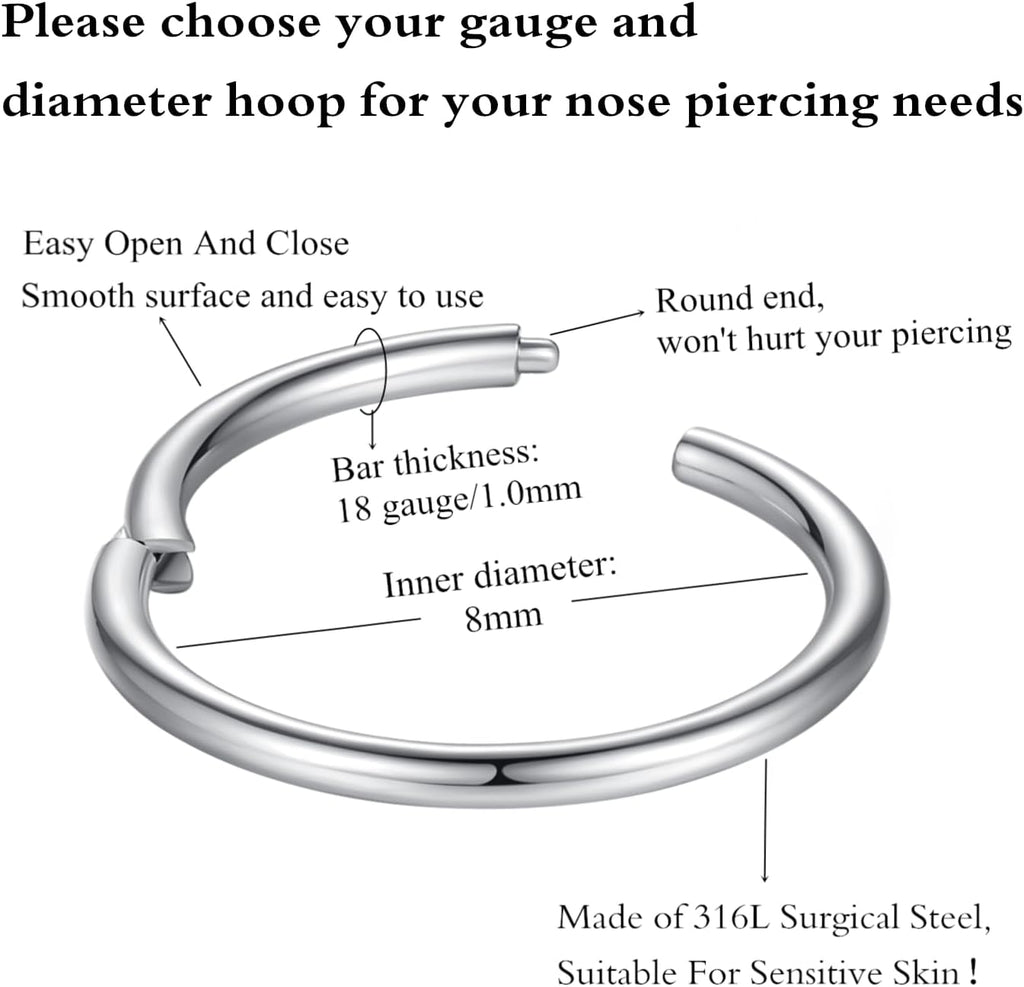 ORANGELOVE Hypoallergenic Nose Rings 20G 18G 16G 14G 12G 10G 8G 316l Surgical Steel Septum Jewelry Hinged Segment Ring Body Piercing Nose Hoop Lip Rings Nose Helix Cartilage Rook Earrings