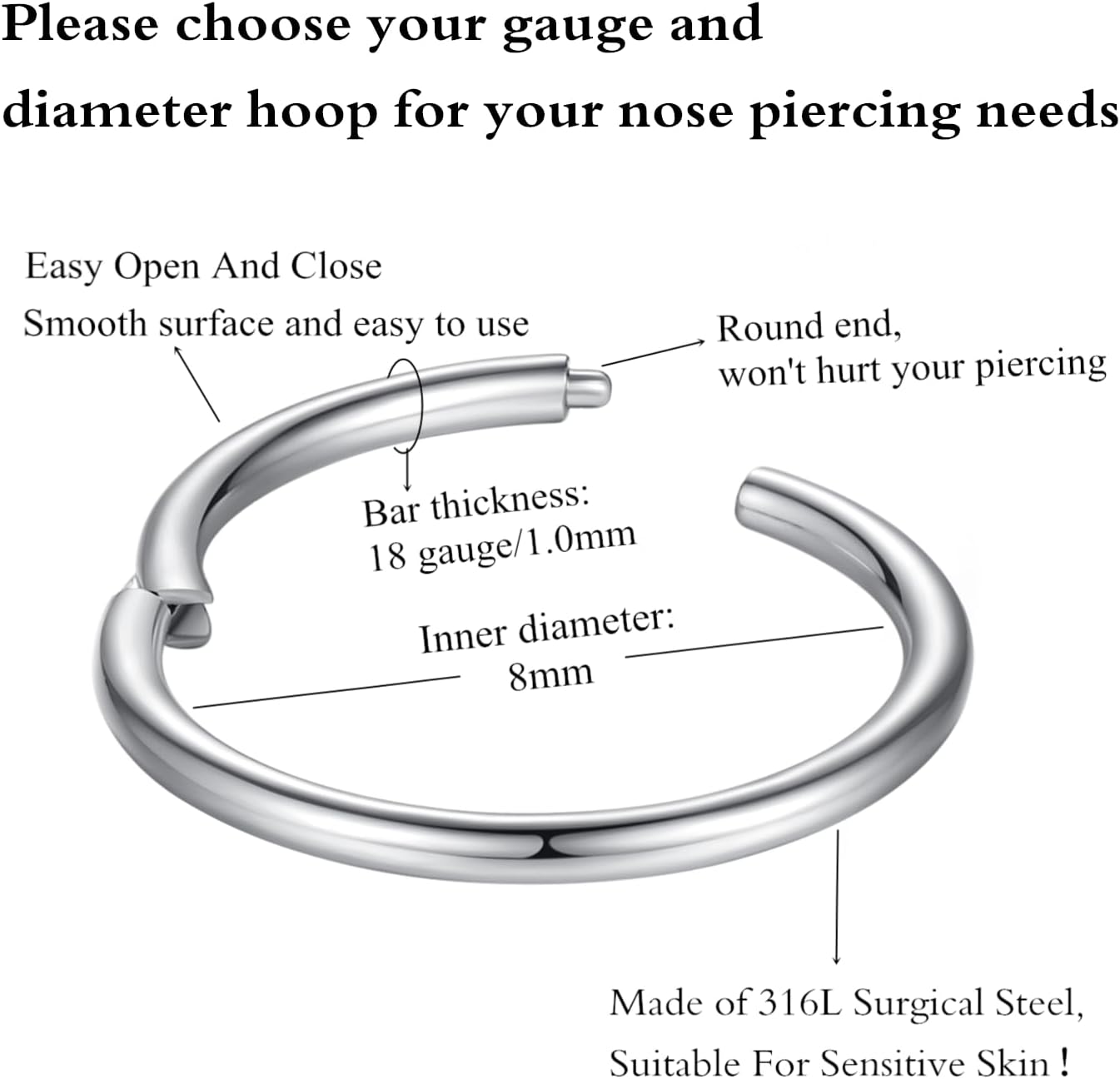 ORANGELOVE Hypoallergenic Nose Rings 20G 18G 16G 14G 12G 10G 8G 316l Surgical Steel Septum Jewelry Hinged Segment Ring Body Piercing Nose Hoop Lip Rings Nose Helix Cartilage Rook Earrings