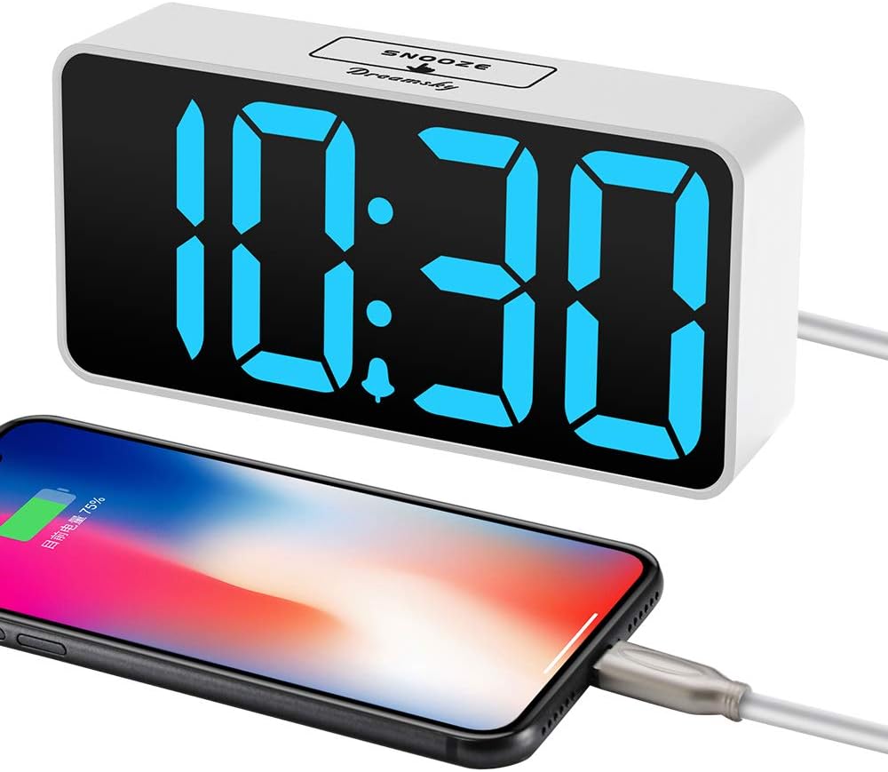 DreamSky Small Digital Alarm Clock for Bederoom, Large Big Numbers Display with Dimmer for Living Room, Electric Bedside Desk Clock with USB Charging Port, Adjustable Volume, USB-C Adapter Powered