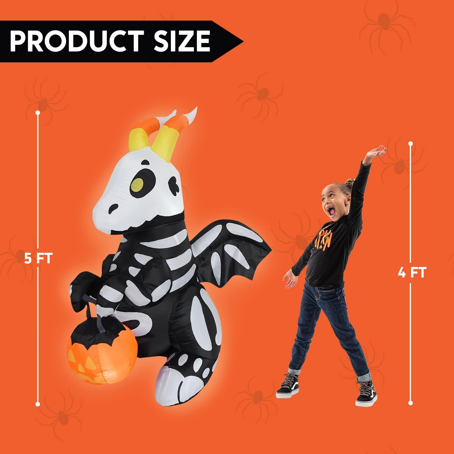 Joiedomi 5 FT Halloween Inflatables Skeleton Decor Outdoor, Blow Up Decorations Sitting Skeleton Unicorn with LEDs for Halloween Decorations Outside, Yard Decor