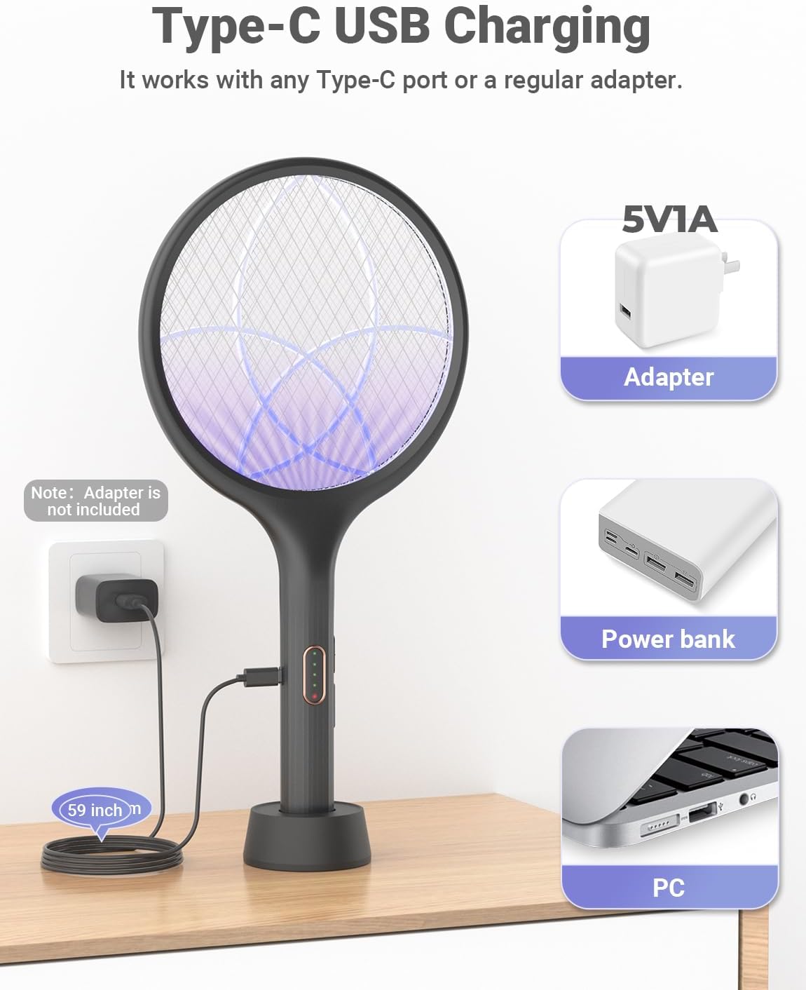 YISSVIC Electric Fly Swatter 4000V Bug Zapper Racket Dual Modes Mosquito Killer with Purple Mosquito Light Rechargeable for Indoor Home Office Backyard Patio Camping