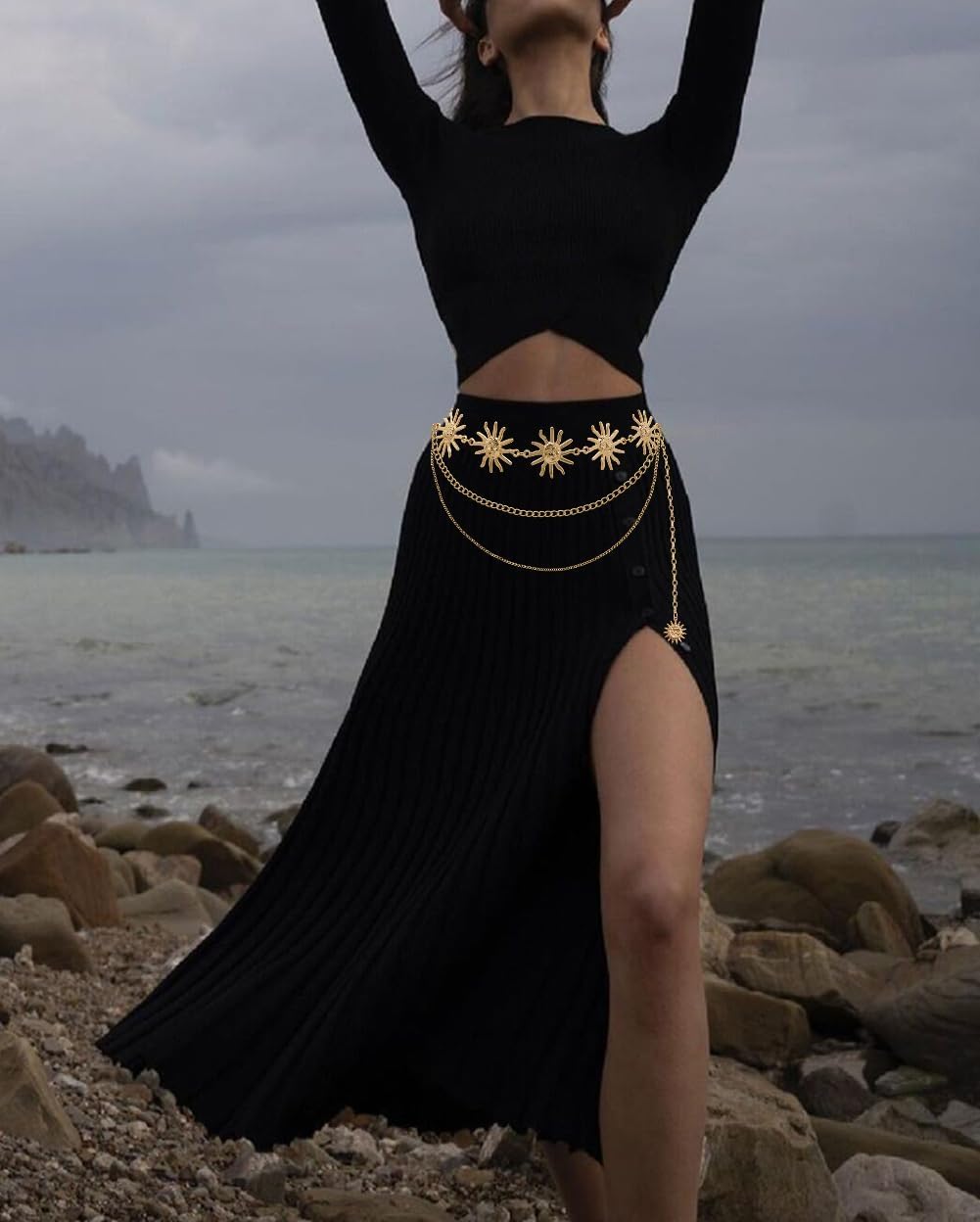 Waist Chain Belt Multilayer Gold Silver Sun Moon Chain Belt for Women Dress Body Belly Chain Metal Waist Chain