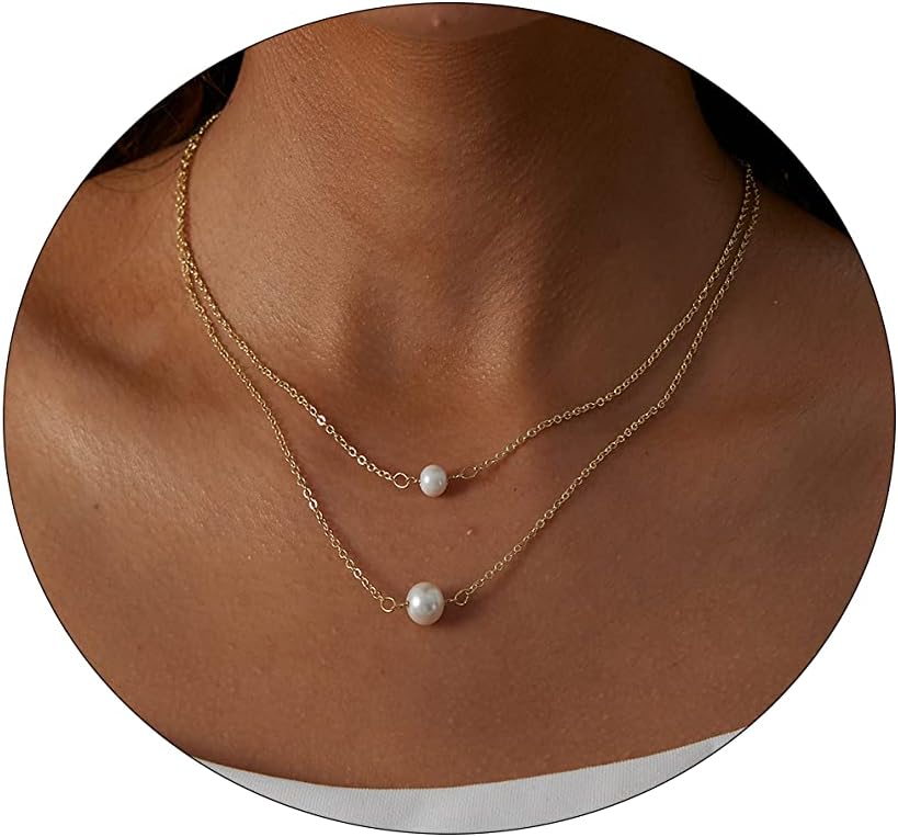 Dainty Pearl Pendant Necklaces for Women 14K Gold Plated Handmade Layered Pearl Chain Necklace Delicate Layered Pearl Necklace Everyday Jewelry Gift