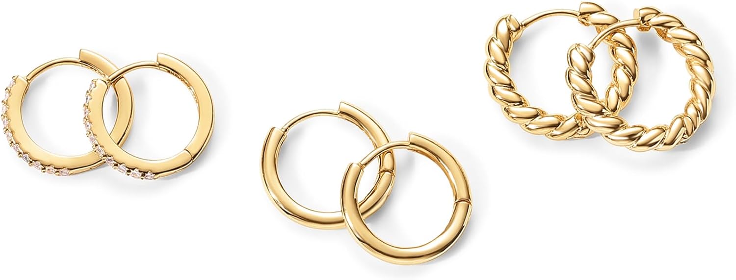 PAVOI 14K-18K Yellow Gold Plated 925 Sterling Silver Posts Three Pairs Small Hoop Earrings for Women - Statement Gold Hoop Earrings Set - Cubic Zirconia Rope Teardrop Chunky Huggie Earscape Piercings