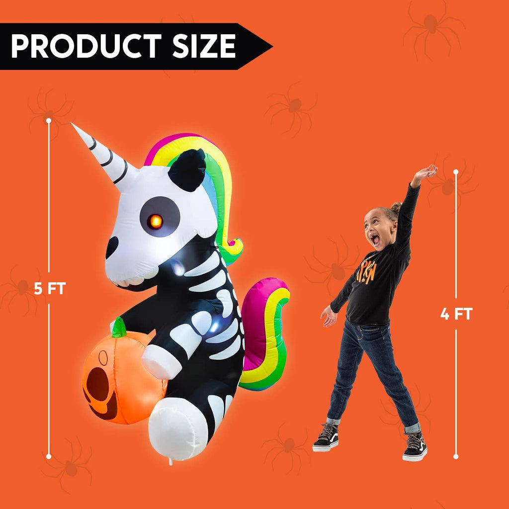 Joiedomi 5 FT Halloween Inflatables Skeleton Decor Outdoor, Blow Up Decorations Sitting Skeleton Unicorn with LEDs for Halloween Decorations Outside, Yard Decor