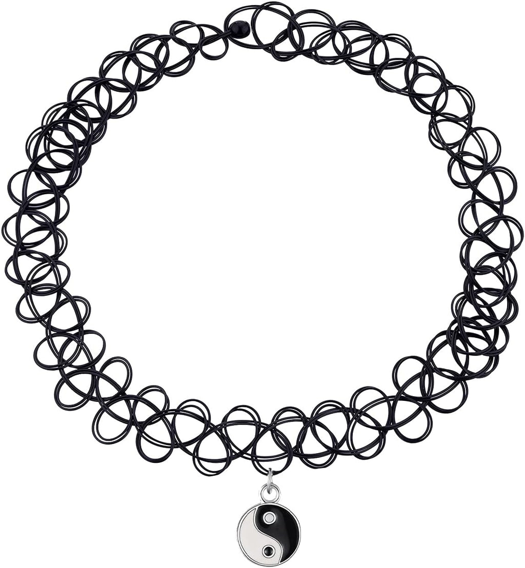 BodyJ4You 2PC Tattoo Choker Necklace - 90s Choker Necklace Women - 2000s Y2K Black Chokers Rainbow Choker - Butterfly Ying Yang Unicorn Rainbow Charms - Stretchy Elastic Necklace