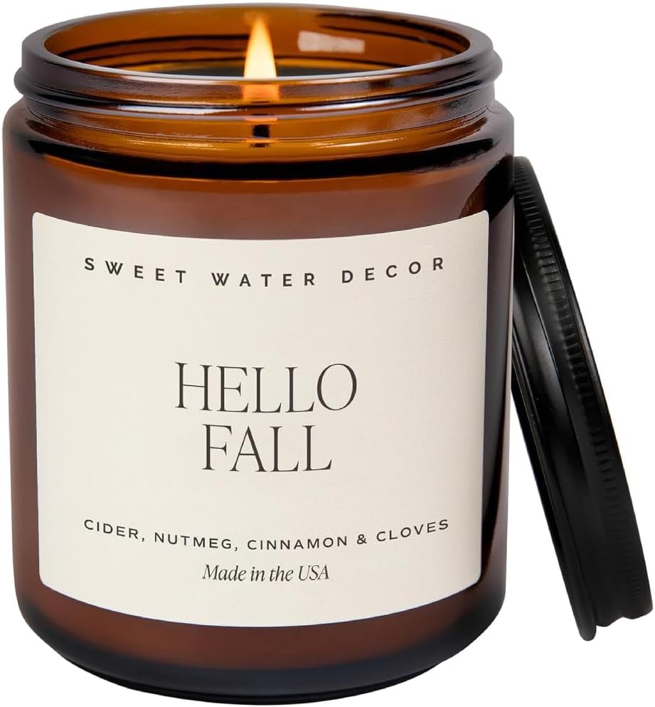 Sweet Water Decor Hello Fall Soy Candles - Fall Candle with Hot Cider, Cinnamon, Cloves, and Nutmeg Scent for Home - Soy Candle with 40 Hours Burn Time - 9Oz Black Lid Amber Jar Candles Fall Scents