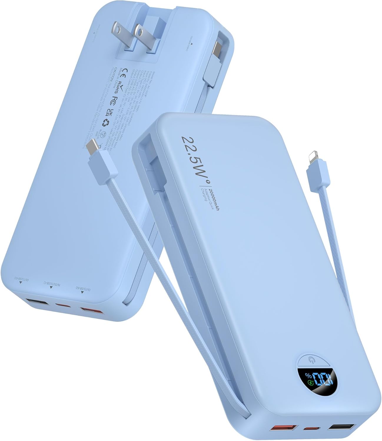 Portable Charger Power Bank, 12000mAh 22.5W USB C Fast Charging with Built-in Cables and Wall Plug, Travel Essential Battery Pack with LED Display for iPhone, iPad, Samsung Pink