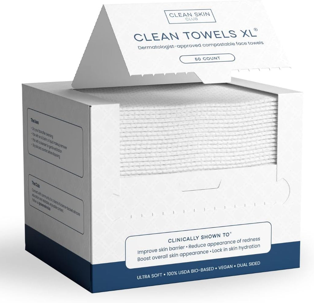 Clean Skin Club Clean Towels XL, 100% USDA Biobased Face Towel, Disposable Face Towelette, Eczema Association Accepted, Makeup Remover Dry Wipes, Ultra Soft, 1 Pack, 50 Ct