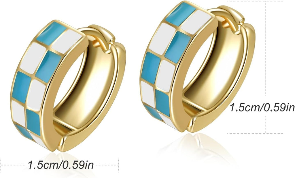 Chic Checker Small Hoop Cartilage Earrings Teacher Earrings for Women；White Black Enamel Hypoallergenic Hooped Gifts Gold and Silver tone